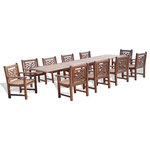 Windsor Teak Furniture - Grade A Teak 138" x 39" Extension Table/10 Chippendale Chairs, By Windsor Teak - The Buckingham 138" Double Leaf Teak Extension Table W/10 Chippendale Arm Chairs comfortably seats 10 people when extended. The table is 86" when closed, 112" with one leaf open , and 138" with both leafs open...giving you 3 different size tables. The table is designed with built-in butterfly pop-up leafs that enables you to open or close the table in 15 seconds. The table also comes with cap covered umbrella hole and a built-in umbrella base. The stylish Chippendale chairs are named after the famous 18th century English cabinetmaker Thomas Chippendale. The Chippendale style furniture in England was the first style of furniture named after a cabinet maker rather then a monarch. These chairs are extremely comfortable and sturdy. Some assembly. Shipped via truck. 11 Piece Package . Weight: Table 170lbs Chairs 25lbs ea. Total 470 lbs of grade A Teak Quality Teak Packages made to Last a Lifetime! * All Grade A Heirloom Quality Teak, harvested after 45-50 years from sustainable Teak plantations. Only the hearts of the trees are used in Grade A Teak furniture. * Superior craftsmanship with machine-made mortise and tendon joints that provides maximum dependability along with marine grade stainless steel hardware. * Finally, our teak is Kiln-Dried before construction to an optima moisture content of 8-12%. Not sun-dried or air-dried. This allows for the furniture to dry to the core and reduces cracking, splitting, and warping for decades.