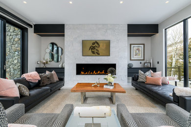 Living room - large contemporary gray floor living room idea in Denver with white walls, a ribbon fireplace, a tile fireplace and a wall-mounted tv