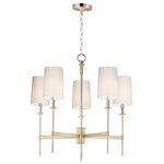 Maxim - Uptown Five Light Chandelier - Elongated tails and candle sticks create effortless sophistication in the Uptown series. The slender candles of Polished Nickel contrast the stout supporting arms finished in a soft Satin Brass. Tall Off-White fabric shades complement the updated classic design. The simplicity of this design allows it to pair with various traditional to contemporary stylings and many color themes.