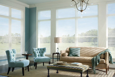 Example of a mid-sized transitional formal and open concept dark wood floor and brown floor living room design in Other with white walls