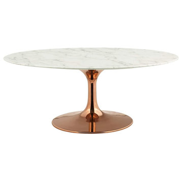 Modern Coffee Table, Minimalist Design With Pedestal Gold Base & Faux Marble Top