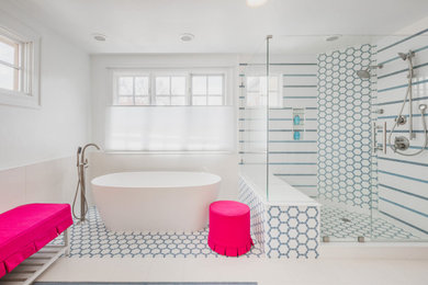 Inspiration for a large master white tile and porcelain tile porcelain tile and white floor bathroom remodel in Denver with white walls and a hinged shower door