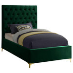 Meridian Furniture - Cruz Velvet Upholstered Bed, Green, Twin - Revamp your bedroom space with this sumptuously crafted Cruz twin bed from Meridian furniture. The star of the show here is the headboardits tufted with deep button tufts that not only keep its thick padding in place and aloft, but also add a modern, textural look to your space. Sleek green velvet upholstery feels luxuriously upscale to the touch, and the high headboard and the minimalist platform frame with metal feet add a timelessly contemporary silhouette to your space.