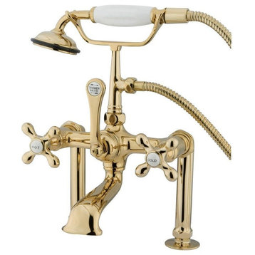 Deck-mount High-Profile Ornate Faucet with Hand Shower, Polish Brass