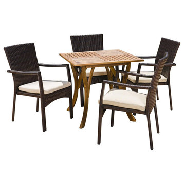 5 Pieces Outdoor Dining Set, Acacia Wood Table and Cr�me Cushioned Wicker Chairs