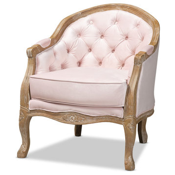 Earle Provincial Light Pink Velvet Upholstered White-Washed Oak Wood Armchair