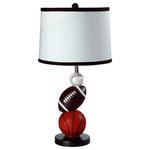 Ore International - Multi Sport Table Lamp - This Multi Sport Table Lamp features a basketball, football and baseball, topped with a hardback shade. The perfect addition to any sport fan's room.