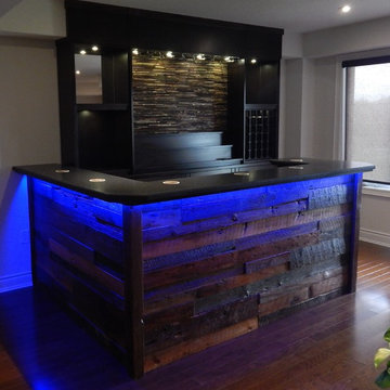 Barn board bar with granite server and bar top