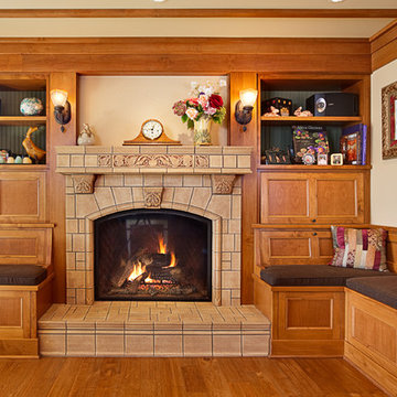 Artisan tile fireplace in sitting nook
