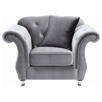 Coaster Contemporary Velvet Button Tufted Chair with Nailheads Trim in Silver
