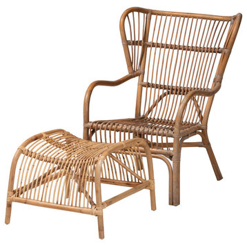 Kerensa Natural Brown Rattan 2-Piece  Chair and Footstool Set