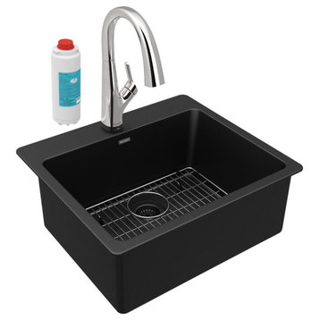 Quartz Classic 25" Single Bowl Drop-in Sink Kit With Filtered Faucet, Black