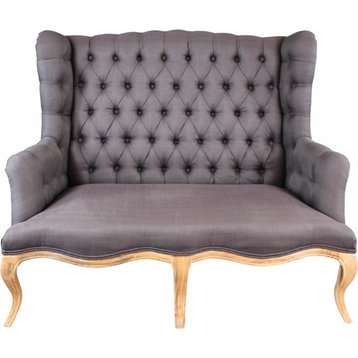 Fabric Wooden Settee With Button Tufted Wingback Design Backrest, Gray & Brown
