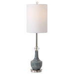 Uttermost - Uttermost Piers Mottled Blue Buffet Lamp - This buffet lamp features a ceramic base finished in a mottled blue glaze with subtle rust distressing. Polished nickel plated details and crystal accents compliment this design. The round hardback shade is a white linen fabric.