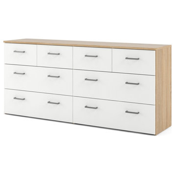 Bowery Hill Engineered Wood Low Profile 8 Drawer Double Dresser in Oak and White