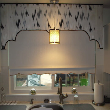 Upholstered cornices for Contemporary Kitchen, Custom Drapes, Custom Window Trea