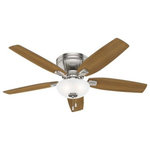 Hunter - Hunter 53380 Kenbridge - 52" Ceiling Fan with Light Kit - The Kenbridge ceiling fan features a unique, more compact design that takes up less space in your rustic-style room. With an option to install with or without lights, the Kenbridge low-profile fan includes high-efficiency, dimmable LED bulbs so you can get the perfect ambiance in any large room with low ceilings in your home. This rustic ceiling fan features reversible blades powered by a three-speed WhisperWind motor to deliver ultra-powerful air movement with whisper-quiet performance.   Warranty: Limited Lifetime Motor Warranty is backed by the only company with over 130 years in the fan business Lumens:   Color Temeprature: 3,000  Color Rendering Index:   Lifetime Expectation (Hours): 25,000 Hrs  Airflow: 3213   Shipping Length (in): 15.5 Shipping Width (in): 27.2  Shipping Height (in): 8.5  Shipping Weight (Lbs): 22.5  Shipping Cubic Feet (L x W x H)/1728: 2.0738Kenbridge 52" Ceiling Fan Brushed Nickel White Glass *UL Approved: YES *Energy Star Qualified: n/a  *ADA Certified: n/a  *Number of Lights: Lamp: 3-*Wattage:9w E26 LED bulb(s) *Bulb Included:Yes *Bulb Type:E26 LED *Finish Type:Brushed Nickel