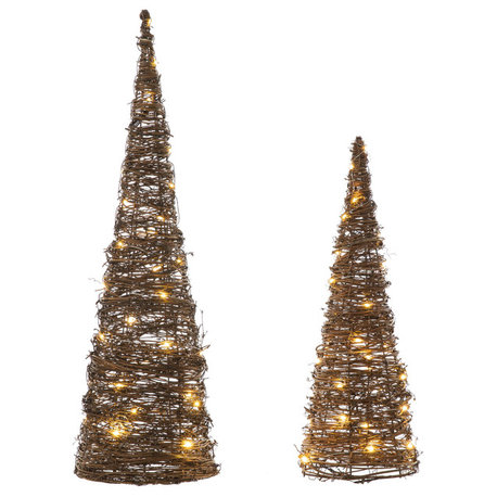 Lighted Rattan Christmas Table Tree Decor, 2-Piece Set