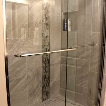 Transitional Bathroom with Gray Mosaic Tile & Polished Chrome Fixtures