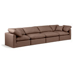 Meridian Furniture - Indulge Upholstered Modular Sofa, Brown, 4-Piece: 2 Armless Chair, 2 Corner Chair, Fiber Stuffed Vegan Leather - Experience ultimate comfort and style with our brown vegan leather Indulge Sofa. The luxurious vegan leather will elevate the aesthetic of any room. This sofa provides ample space for you to relax while its modular build offers the option of unlimited configurations. Whether you're looking to add a stylish element to your living room or a comfortable seating option to your bedroom, this sofa is the perfect choice.