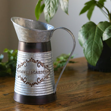 Round Metal Jug with Banded Design Body Galvanized Silver Finish