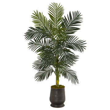 62" Golden Cane Artificial Palm Tree, Ribbed Metal Planter
