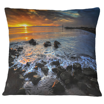 Sunset Over Rocky Ocean Shore Landscape Printed Throw Pillow, 16"x16"