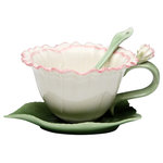 Cosmos Gifts Corp - Carnation 2-Piece Cup and Saucer Set With Spoon - This 2-Piece Carnation Cup and Saucer Set makes a stunning addition to a dinner or tea party. Made from porcelain in the shape of a carnation flower and leaf, this white and green hand-painted cup and saucer set is delicate and elegant. Includes a small tea spoon. Hand wash only.