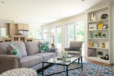 Living room - mid-sized transitional formal and open concept dark wood floor and brown floor living room idea in St Louis with beige walls and no fireplace