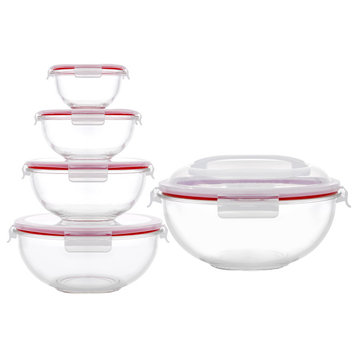 5 Glass Mixing Bowls With Lids Red