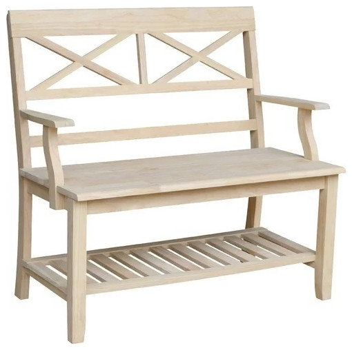Unfinished Double X-Back Bench with Arms, Parawood Seat, and Lower Shelf - Farmhouse - Accent ...