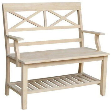 Farmhouse Bench, Parawood Seat With Double X-Back & Lower Open Shelf, Unfinished