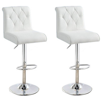Adjustable Barstool With Rolled Button Tufted Back, Set of 2, White