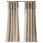 Half Price Drapes - Ruched Antique Beige FauxSilk Taffeta Curtain Single Panel, 50"x108" - We've taken our popular Faux Silk Taffeta panels and added a ruched header valance creating the most luxurious, over the top style in window treatments out there. This style was designed and meant to be stationary and used as decorative panels to frame out your window. As a general rule, for proper fullness panels should measure 2-3 times the width of your window/opening.
