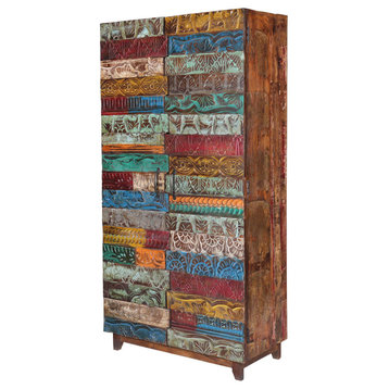Sierra Solid Reclaimed Wood Tall Accent Storage Cabinet, Conch Carving