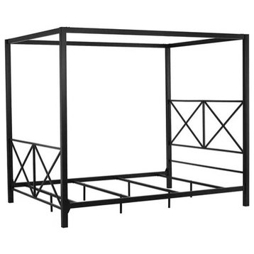 Black Metal Queen Canopy Bed Frame with X-Shaped Headboard and Slats