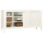 Tommy Bahama Home - Hawkins Point Buffet - The three touch latch doors with decorative fretwork over woven raffia panels open to reveal six adjustable shelves.