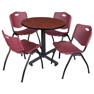 Kobe 30" Round Breakroom Table- Cherry & 4 'M' Stack Chairs- Burgundy