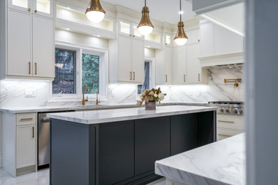 Example of a large minimalist porcelain tile and white floor kitchen design in Toronto with stone tile backsplash