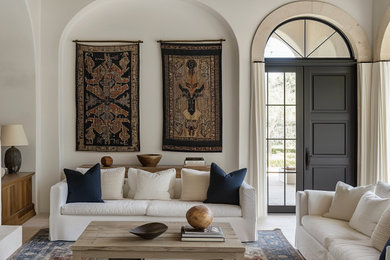 Mid-sized eclectic light wood floor, beige floor and wood ceiling living room photo in New York with white walls