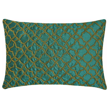 Teal Blue Silk 12"x20" Lumbar Pillow Cover Beaded Narin