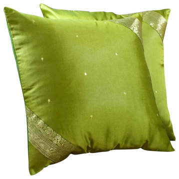 Olive Green- 2  handcrafted Sari European Pillow Cover, Euro Sham 26" X 26"