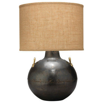 Two Handled Kettle Table Lamp, Iron With Classic Drum Shade, Natural Burlap
