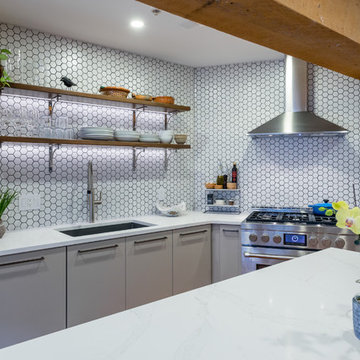 Hexagon backsplash with floating shelves and built-in LED light