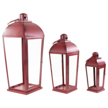 Set of 3 Red Antique Style Candle Lanterns 23.5"