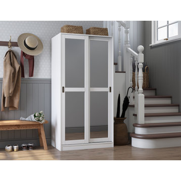 100% Solid Wood 2-Sliding Door Wardrobe/Armoire/Closet, White-Mirror