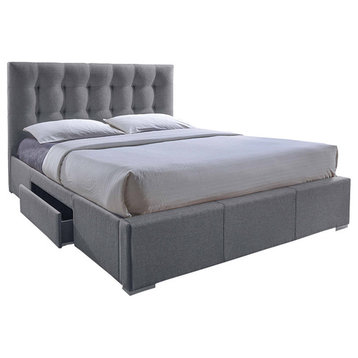 Sarter Grid-Tufted Gray Fabric Upholstered Storage King-Size Bed With 2-Drawer