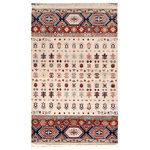 Bareens Designer Rugs - Southwestern Khurgeen Jacinto Beige/Red Wool Rug 4'0"x6'4" - Designed with a mesmerizing intricate transitional and geometric motif this glorious hand knotted rug made with handspun Ghazni wool is a masterpiece that will fill any space with sophistication and grace. Hand knotted by skilled artisans in an exhilarating color pallet with an elaborate design, this masterpiece features luxurious hand spun wool with all vegetable dyes to add comfort and style to your decor. The design, color, and beautiful chromatic composition with a sheen in transitional and geometric designs, exude beauty, elegance and quality make this rug an extraordinarily opulent center piece for your living space. The intricate designs known as Khurgeen, Khorgeen or Khorjin range are inspired by the patterns from ancient tribal bags. An infusion of bold, saturated color gives this traditional hand-knotted rug a fresh perspective and modern appeal. Most desired due to its versatility in design and affordability this handmade rug is in a compelling focal point in any living area.