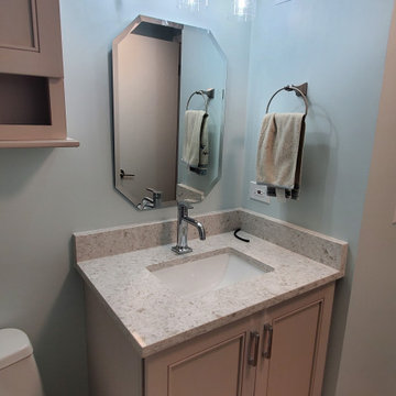 Fiinshed basement half bath, custom quartz countertop, luxury vinyl plank floor.