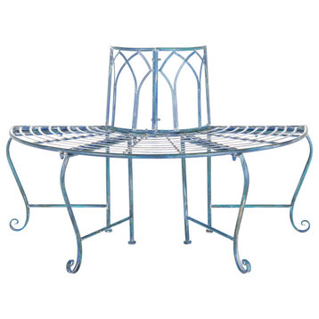 Safavieh Abia Wrought Iron 50"W Outdoor Tree Bench, Antique Blue